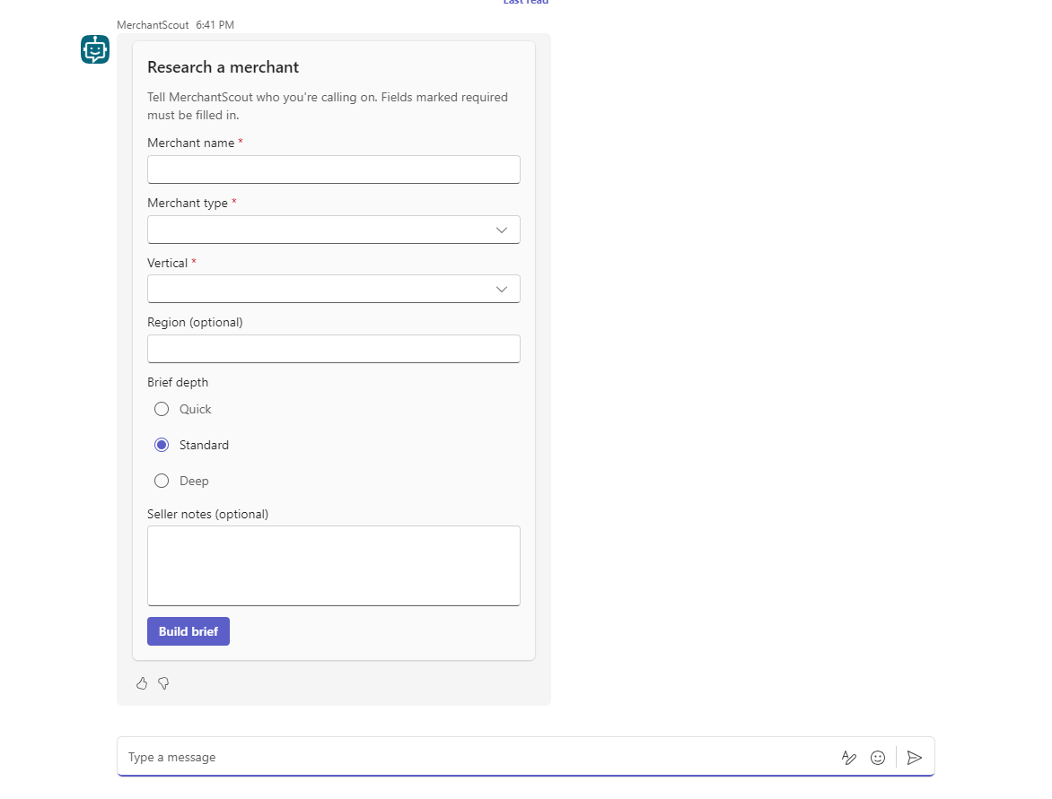 The intake card as Teams web renders it: three required inputs with asterisks, two dropdowns, three radio buttons, a multiline field and one button. Captured 30 September 2026.