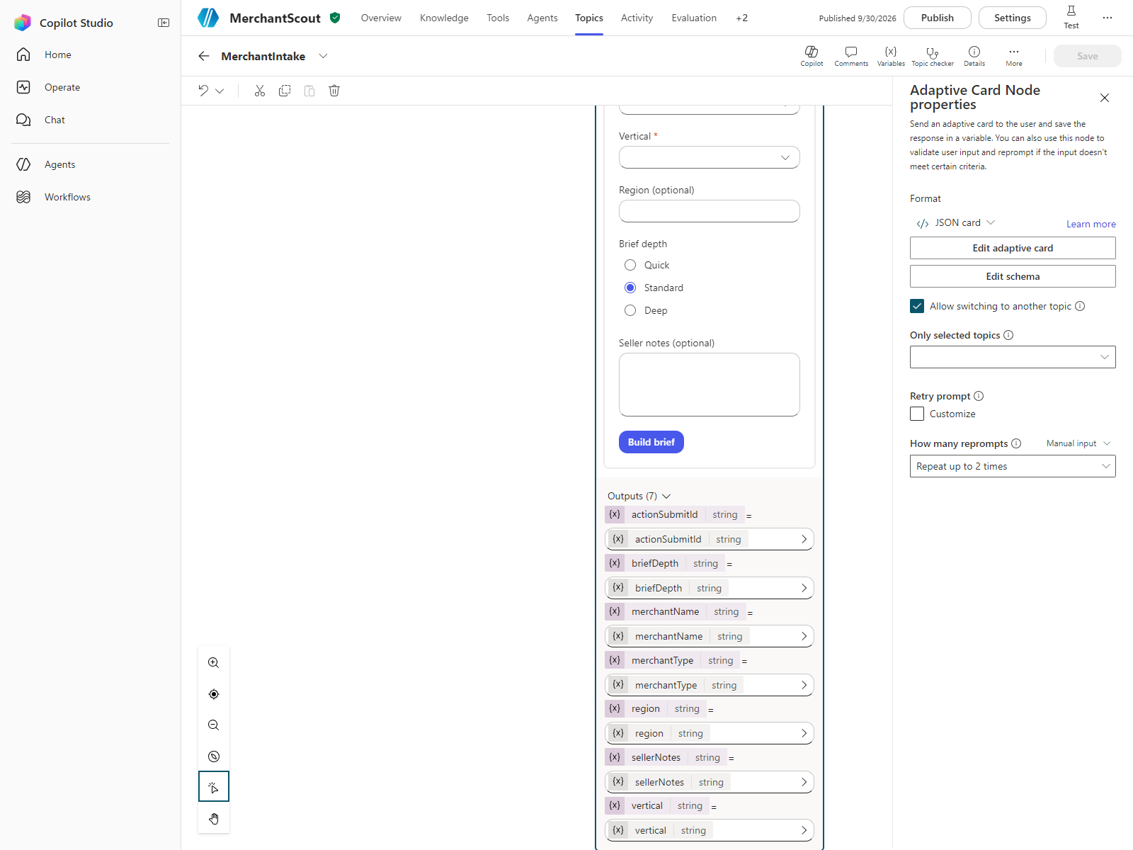 The Adaptive Card node properties in Copilot Studio: JSON card, seven outputs, retry prompt, "Repeat up to 2 times". Read-only capture, 30 September 2026.